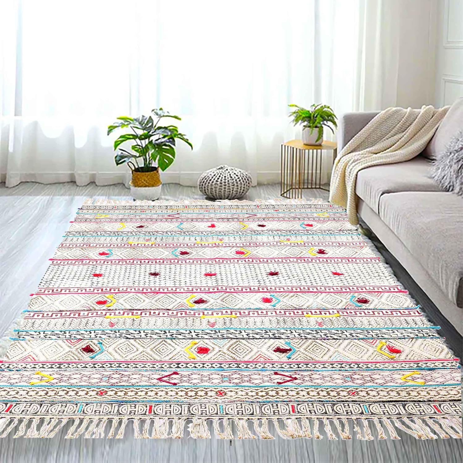 4' x 6' Bohemian Décor Cotton Area Rug with Hand Embroider Boho Chic Carpet - Decorative Tribal Piece for You Living Room, Bedroom, Patio or Kids Room