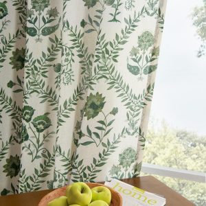 Green Floral Linen Curtains for Living Dining Room 96 Inch Length 2 Panels Olive Plant Flower Patterned Printed Curtains Back Tab Semi Sheer Farmhouse Rustic French Country Drape for Bedroom 8FT