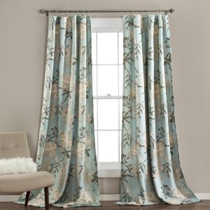 Botanical Garden Curtains Floral Bird Print Light Filtering Window Panel Drapes Set for Living, Dining, Bedroom (Pair), Blue, 52"W x 84L"