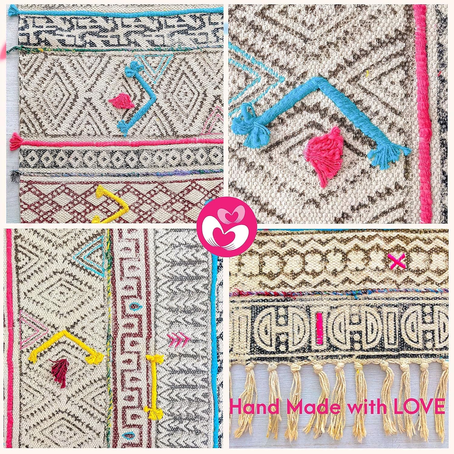 4' x 6' Bohemian Décor Cotton Area Rug with Hand Embroider Boho Chic Carpet - Decorative Tribal Piece for You Living Room, Bedroom, Patio or Kids Room - Image 2